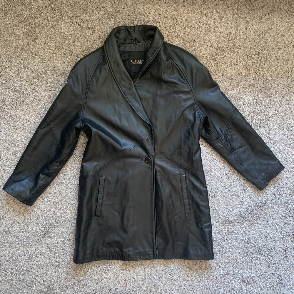 Faux Leather Blazer Jacket Women's XS‎ Black Shoulder Pads Buttons